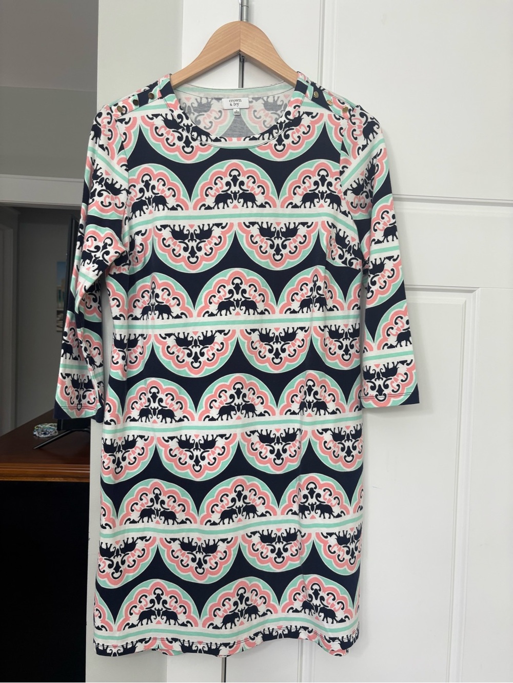 crown & ivy Printed Long-Sleeve Shift Dress in Navy, Coral & Mint